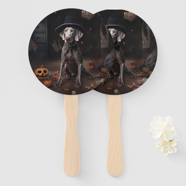 Weimaraner Pumpkins Halloween Scary Hand Fan (Front and Back)
