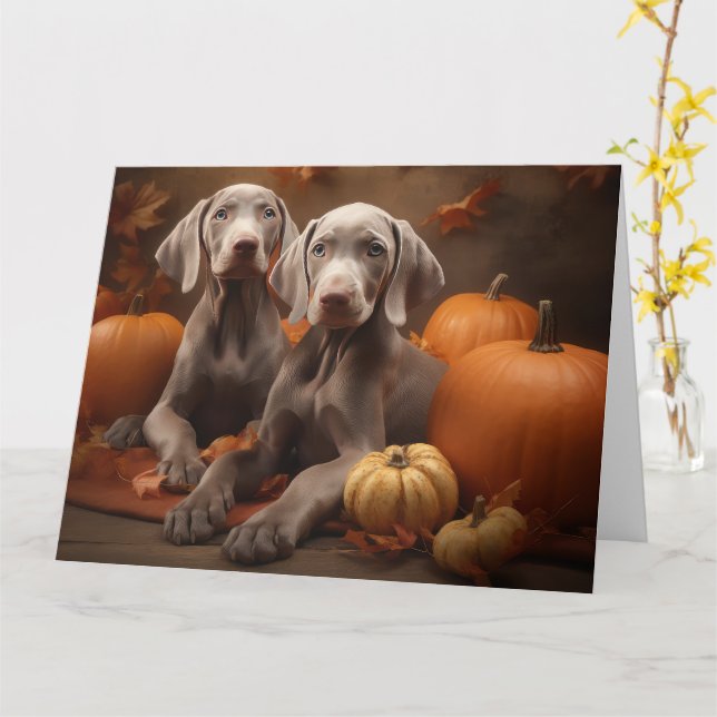 Weimaraner Puppy Autumn Delight Pumpkin Card (Yellow Flower)