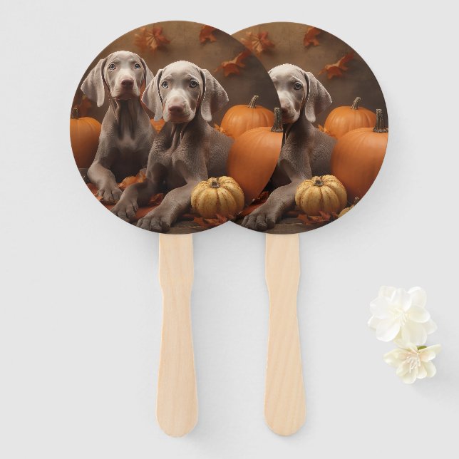 Weimaraner Puppy Autumn Delight Pumpkin Hand Fan (Front and Back)