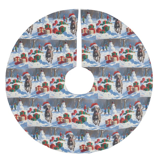 Weimaraner Running in Snow with Christmas Hat Brushed Polyester Tree Skirt (Front)