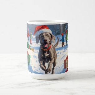 Weimaraner Running in Snow with Christmas Hat Coffee Mug