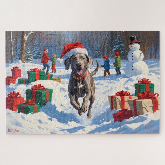 Weimaraner Running in Snow with Christmas Hat Jigsaw Puzzle (Horizontal)