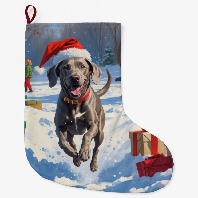 Weimaraner Running in Snow with Christmas Hat Large Christmas Stocking (Front)