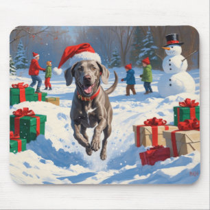 Weimaraner Running in Snow with Christmas Hat Mouse Pad