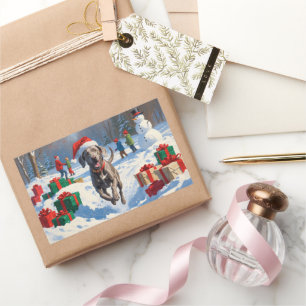 Weimaraner Running in Snow with Christmas Hat Sticker