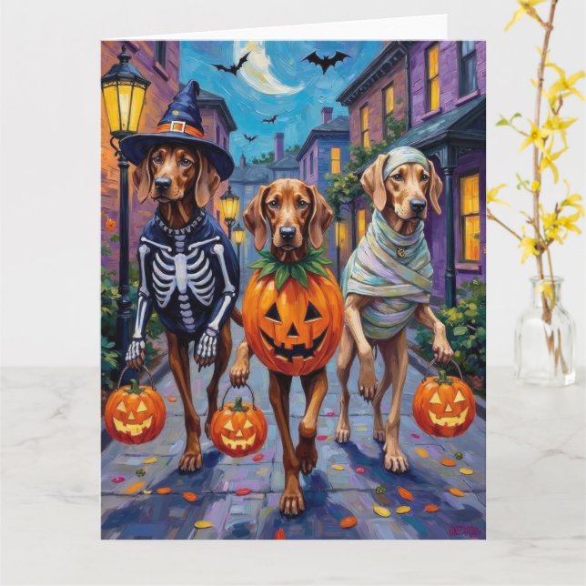 Weimaraner Trick-or-Treating in Halloween Costumes Card (Yellow Flower)