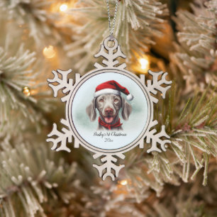 Weimaraner Watercolor Dog Santa Hat First Xmas  Snowflake Pewter Christmas Ornament