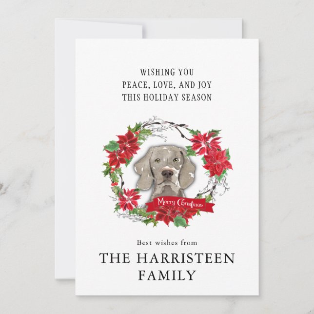 Weimaraner Watercolor Poinsettia Wreath Christmas Holiday Card (Front)