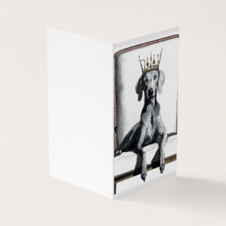 Weimaraner wearing a crown sitting on a chair 