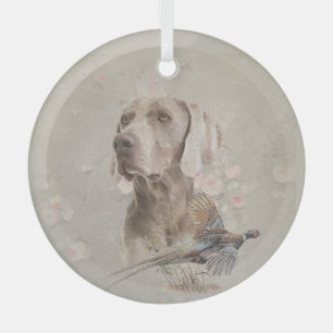Weimaraner With Pheasant  Glass Ornament