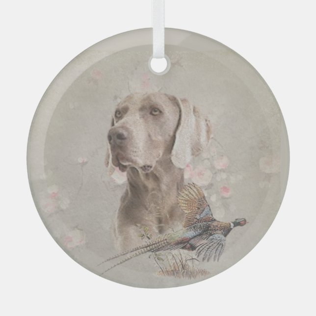Weimaraner With Pheasant  Glass Ornament (Front)