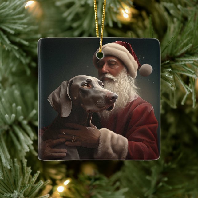 Weimaraner With Santa Claus Festive Christmas Ceramic Ornament (Tree)