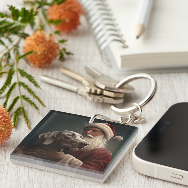 Weimaraner With Santa Claus Festive Christmas Keychain (Front Right)