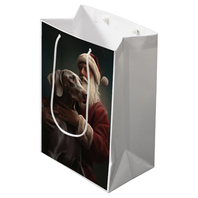 Weimaraner With Santa Claus Festive Christmas Medium Gift Bag (Front Angled)