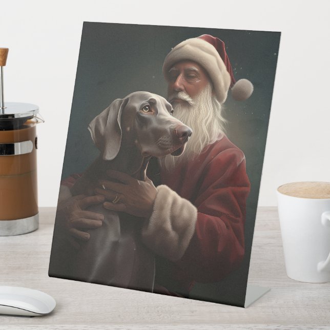 Weimaraner With Santa Claus Festive Christmas Pedestal Sign (In SItu)