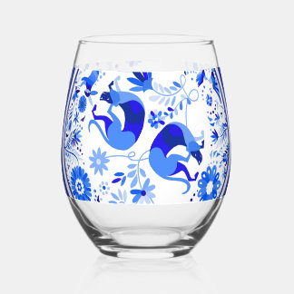Weimaraners, Rabbits and Birds Otomi Blue & White Stemless Wine Glass