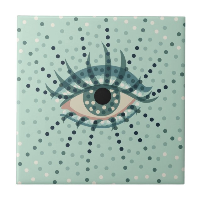 Weird Blue Eye With Dots Abstract Psychedelic Art Tile (Front)