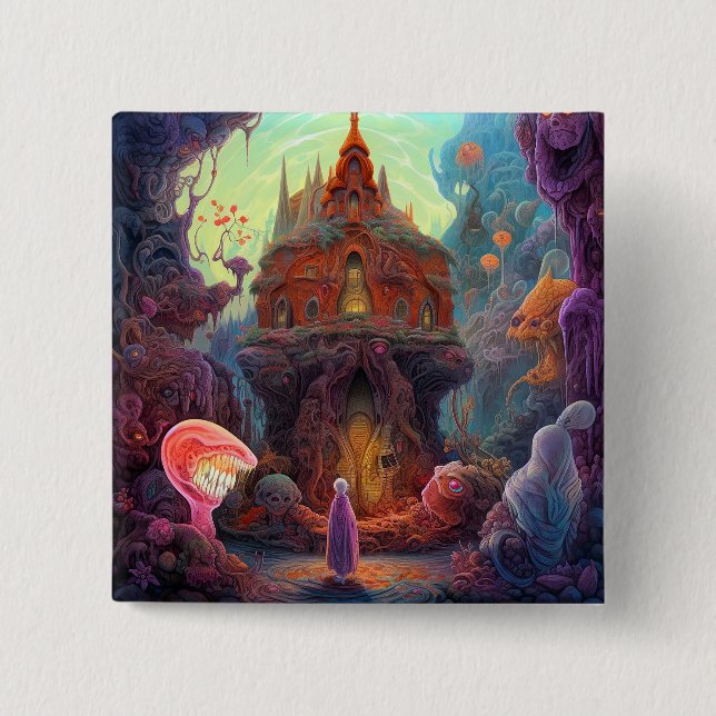 Weird Creepy House Surreal Art 2 Inch Square Button (Front)