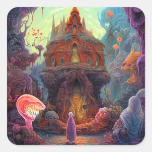 Weird Creepy House Surreal Art Square Sticker