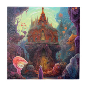 Weird Creepy House Surreal Art Tile