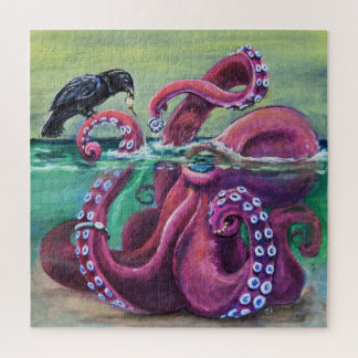 Weird Cute Octopus and Crow best friends art Jigsaw Puzzle