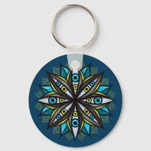Weird Eyes Mandala Art - Trippy Flower Blue Green Keychain