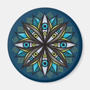 Weird Eyes Mandala Art - Trippy Flower Blue Green Magnet