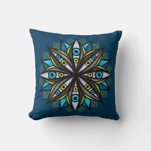Weird Eyes Mandala Art - Trippy Flower Blue Green Throw Pillow (Front)