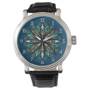 Weird Eyes Mandala Art - Trippy Flower Blue Green Watch