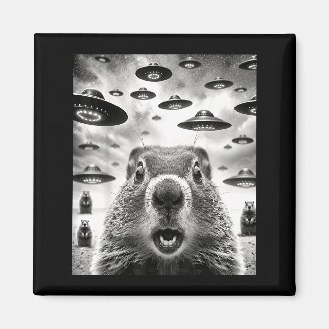 Weird Groundhogs Selfie With Alien Ufo Funny Groun Magnet (Front)