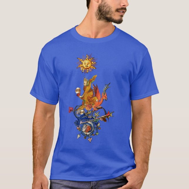 WEIRD MEDIEVAL BESTIARY,ALCHEMIST,RED DRAGON ,SUN  T-Shirt (Front)