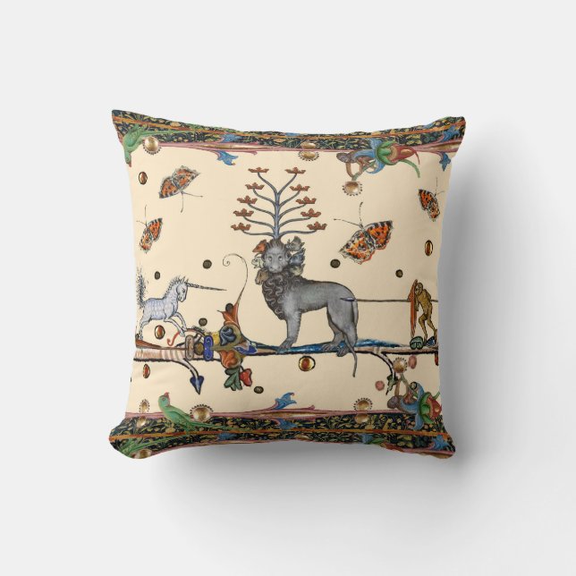 WEIRD MEDIEVAL BESTIARY,APOCALIYPTIC BEAST,UNICORN THROW PILLOW (Front)