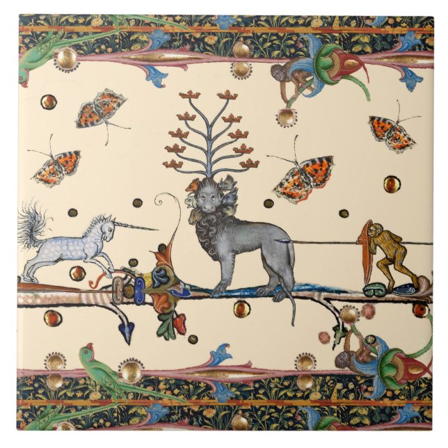 WEIRD MEDIEVAL BESTIARY,APOCALIYPTIC BEAST,UNICORN TILE (Front)