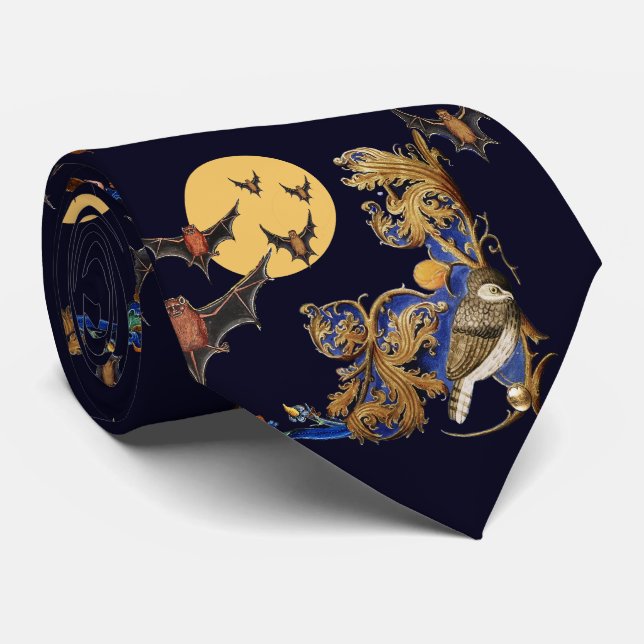 WEIRD MEDIEVAL BESTIARY,BIRD,BATS IN NIGHT BLUE  TIE (Rolled)