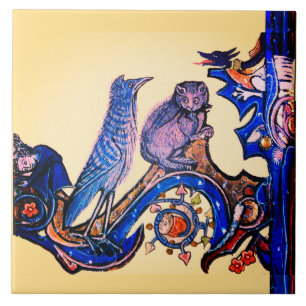 WEIRD MEDIEVAL BESTIARY BLUE CAT AND CUCKOO BIRD C TILE