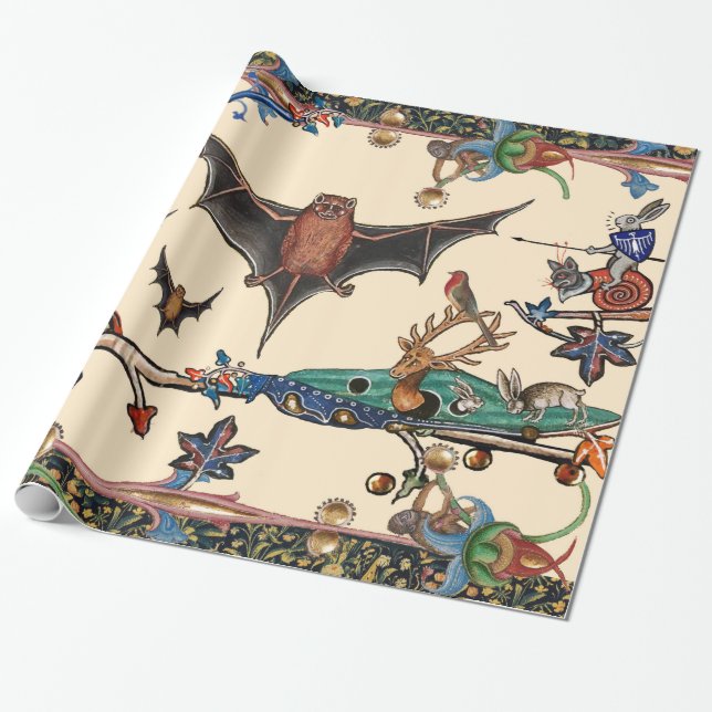 WEIRD MEDIEVAL BESTIARY,FLYING BATS FOREST ANIMALS WRAPPING PAPER (Unrolled)