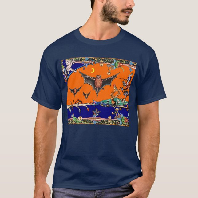 WEIRD MEDIEVAL BESTIARY,FLYING BATS IN NIGHT BLUE  T-Shirt (Front)