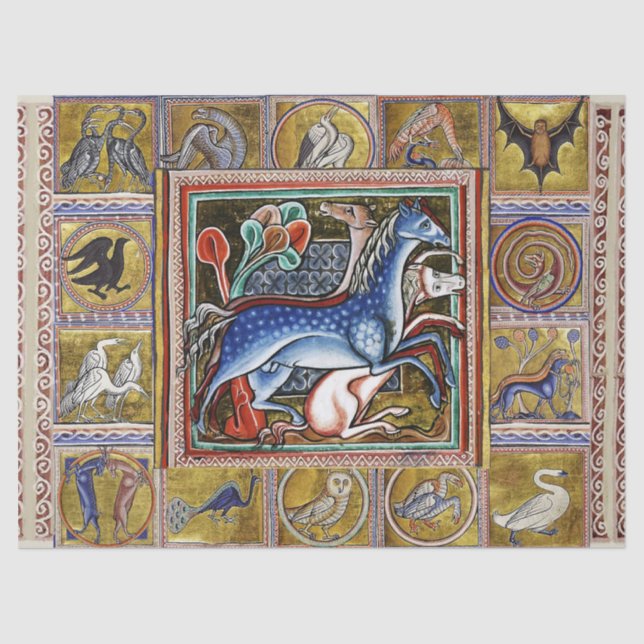WEIRD MEDIEVAL BESTIARY,HORSES ,FOREST ANIMALS TISSUE PAPER (Front)