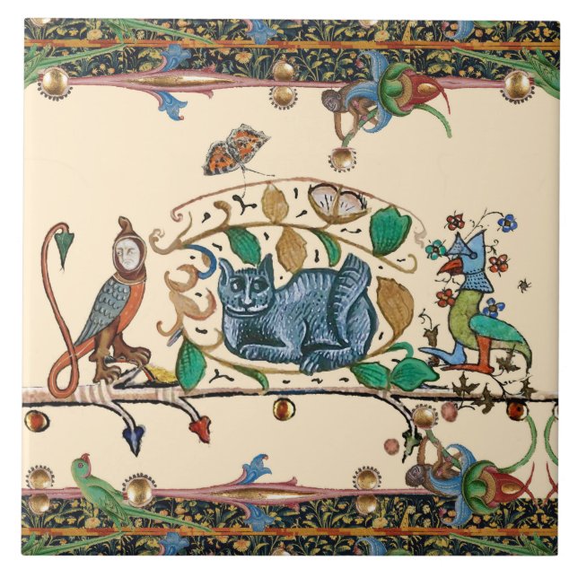 WEIRD MEDIEVAL BESTIARY HUNTER CAT,BIRD, FALCON TILE (Front)