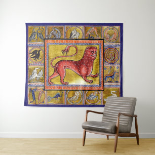 WEIRD MEDIEVAL BESTIARY,LEOPARD,FOREST ANIMALS TAPESTRY