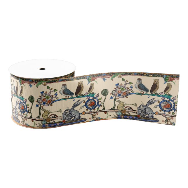 WEIRD MEDIEVAL BESTIARY MAKING MUSIC Owls ,Rabbits Grosgrain Ribbon (Spool)