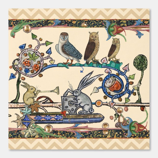 WEIRD MEDIEVAL BESTIARY MAKING MUSIC Owls ,Rabbits Wallpaper (Front)