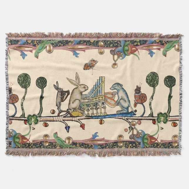WEIRD MEDIEVAL BESTIARY MAKING MUSIC,Rabbit, Dog Throw Blanket (Front)