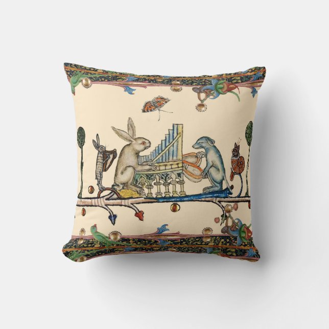 WEIRD MEDIEVAL BESTIARY MAKING MUSIC,Rabbit, Dog Throw Pillow (Front)