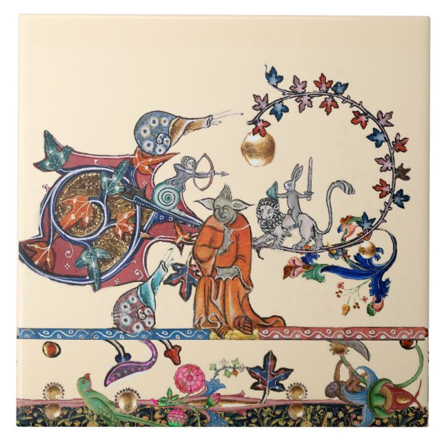 WEIRD MEDIEVAL BESTIARY,MONSTER MONK Snail,Rabbit Tile (Front)