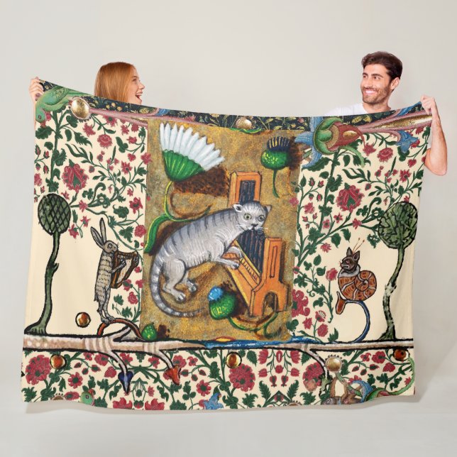 WEIRD MEDIEVAL BESTIARY MUSIC,CAT PLAYING ORGAN  FLEECE BLANKET (In Situ)