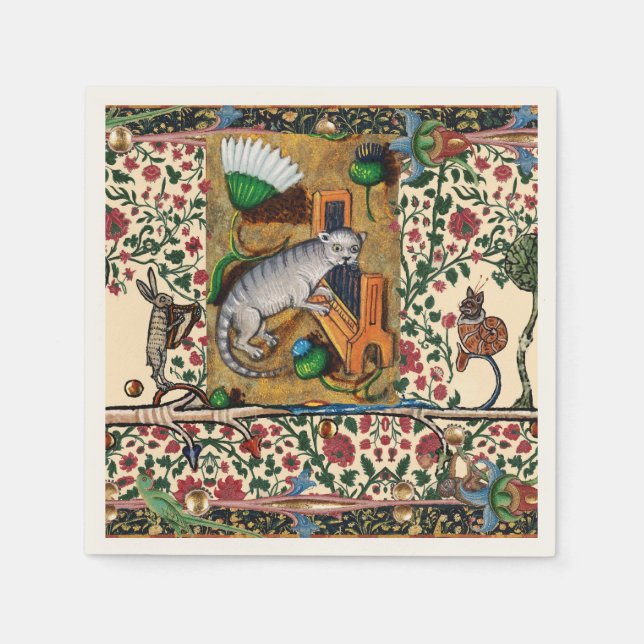 WEIRD MEDIEVAL BESTIARY MUSIC,CAT PLAYING ORGAN  NAPKIN (Front)