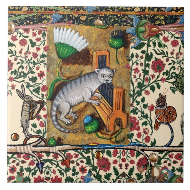 WEIRD MEDIEVAL BESTIARY, MUSIC,CAT PLAYING ORGAN   TILE (Front)