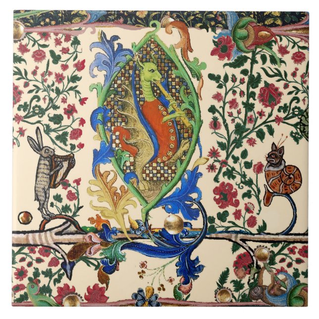 WEIRD MEDIEVAL BESTIARY MUSIC,DRAGON PLAYING FLUTE TILE (Front)
