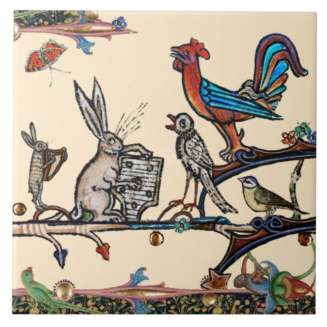 WEIRD MEDIEVAL BESTIARY,MUSIC MAKING RABBITS,BIRDS TILE (Front)